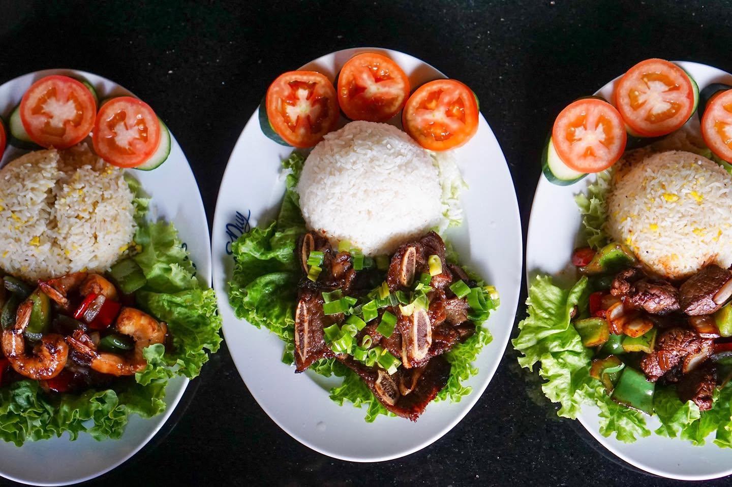 Rice plates with shrimp, Korean short rib, and shaking beef